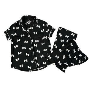 Kate Spade New York Black White Bow Print Short Sleeve Cropped Leg Pajama Set SM